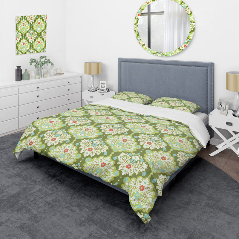 Green Damask - Abstract Duvet Cover Set - Microfiber Polyester, Queen Duvet Cover + 2 Standard Shams