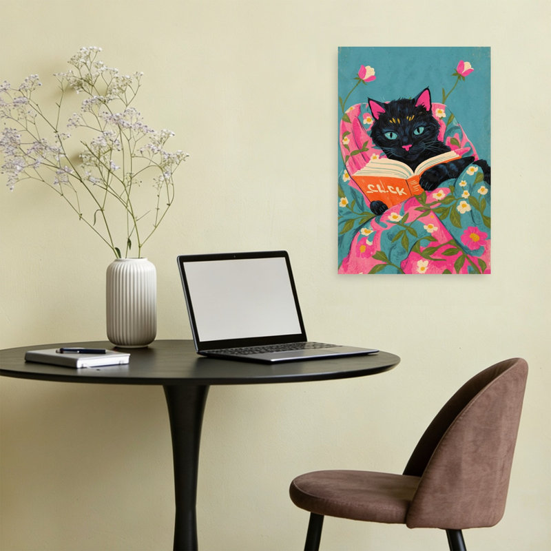 Cozy Reading Cat Vibrant Contemporary Cat Flower Wall Art Print 1 Piece Wrapped Canvas Wall Art, 60.96cm H x 40.64cm W