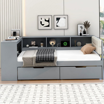 Wood Full Size Platform Bed with Storage Shelves, Drawers, Charging Station and Upholstered Headboard, Gray