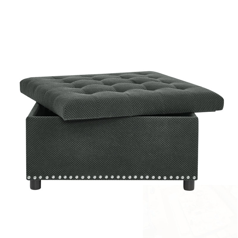 Square Tufted Casner with storgae space and Nailhead Trim decoration, Dark Grey