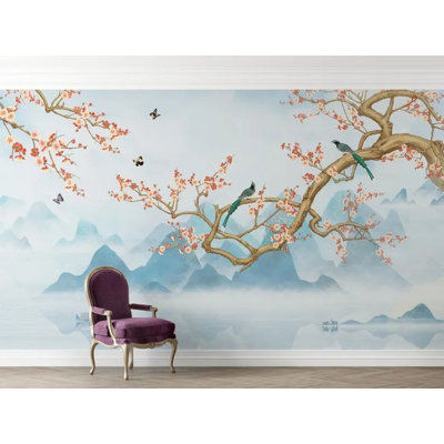 Serene Blue Blossom Mountain Bird Scenic Wallpaper