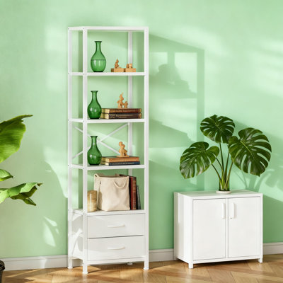 Bibliothèque d'angle à 5 niveaux avec 2 tiroirs en tissu, grande étagère de rangement étroite pour le salon, la chambre à coucher, le bureau, l'armature en métal et les étagères en bois