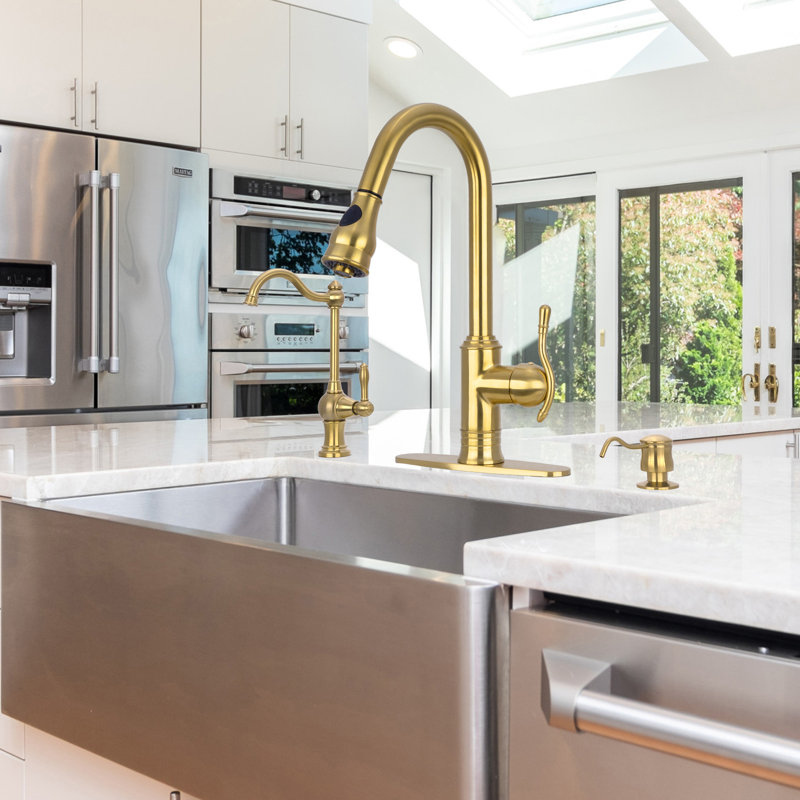 Akicon Pull Down Kitchen Faucet, Brass Gold