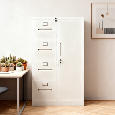 White 4-Drawer Vertical Filing Cabinet with Lock and Storage Wardrobe, Steel File Locker Cabinet for Home Office, School, and Bedroom, Holds Letter and Legal Hanging Files