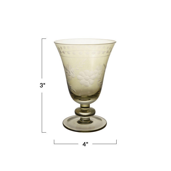 Etched Green Glass Stemmed Wine Goblet