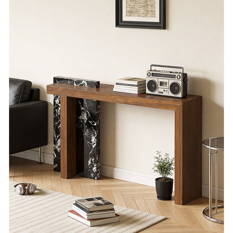 Console en bois massif Contemporary, H 33,5 po x l 55,1 po x P 13,8 po, Brun et noir, Brun, Noir