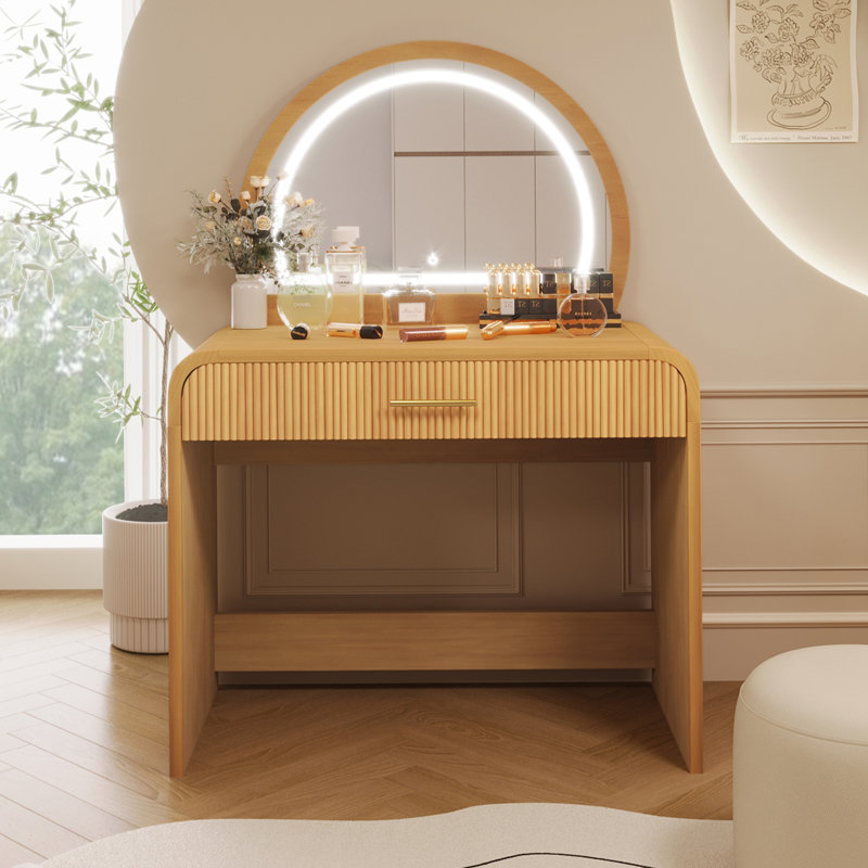 Coiffeuse 39 "avec miroir et écran tactile, coiffeuse avec tiroir pour chambre à coucher, Naturel