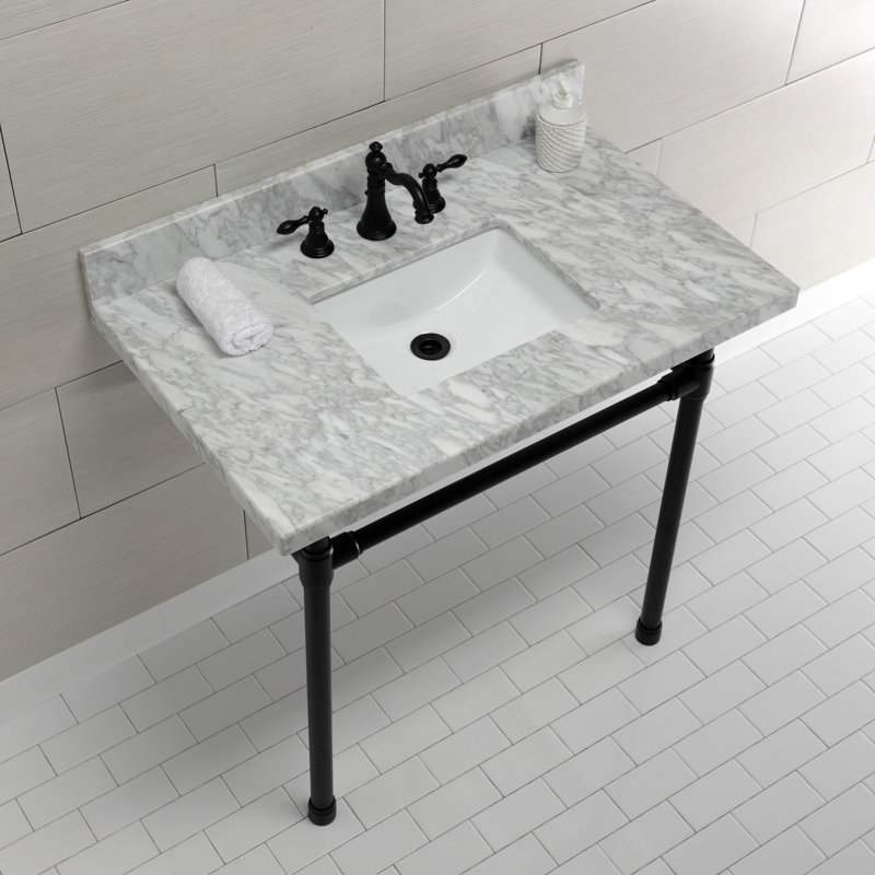 Kingston Brass Dreyfuss 36-Inch Carrara Marble Vanity Top with Stainless Steel Legs (8-Inch, 3-Hole)