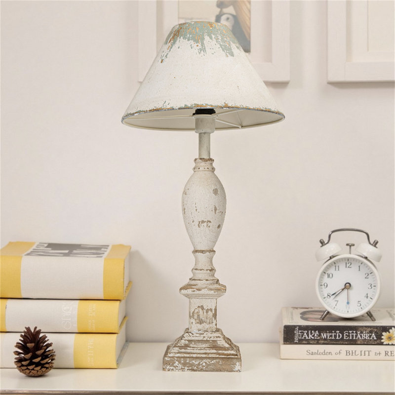 Rustic Vintage Table Lamp With Distressed White And Blue Shade, Elegant Base Design, 28.54" Height