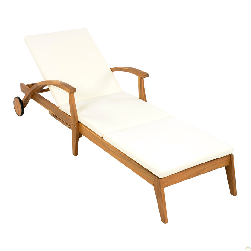 Chaise longue avec roulettes - Fauteuil inclinable en bois d'acacia pour patio / jardin, avec coussin blanc de 2 pouces, dossier réglable à 4 positions, mobilier d'extérieur polyvalent (1 seul ensemble: 1 structure + 1 coussin)