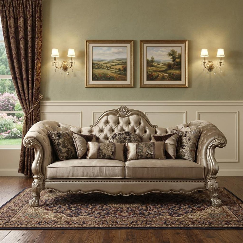 Canapé Gracie Mills 96 po en velours couleur os et coussins décoratifs avec pattes dorées