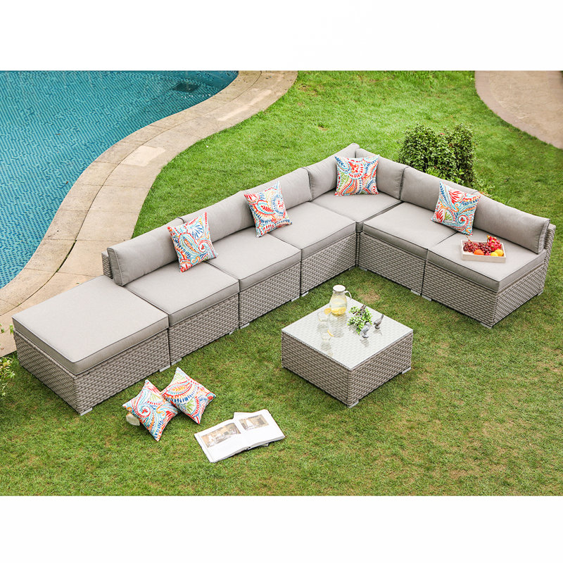 Ensemble de conversation modulaire 8 pièces en rotin, Gris chaud, Gris chaud