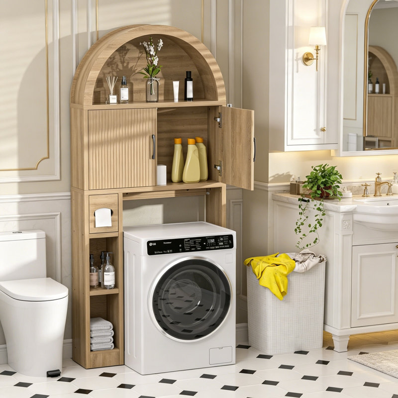 Over Toilet Storage Cabinet, Arched Doors, Adjustable Shelf, Natural