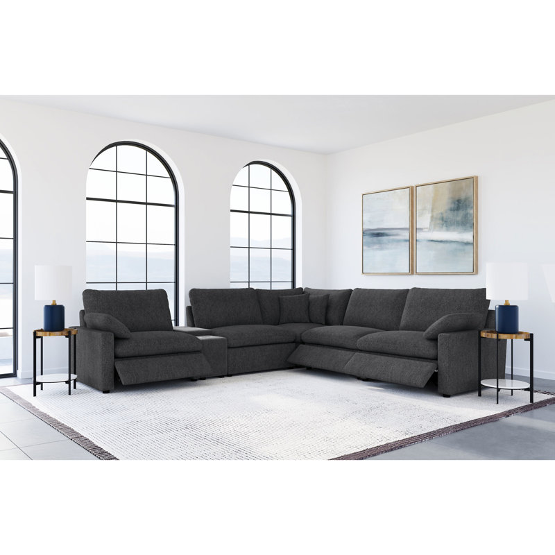 Canapé modulaire inclinable électrique 6 po avec revêtement doux et console de rangement gris foncé