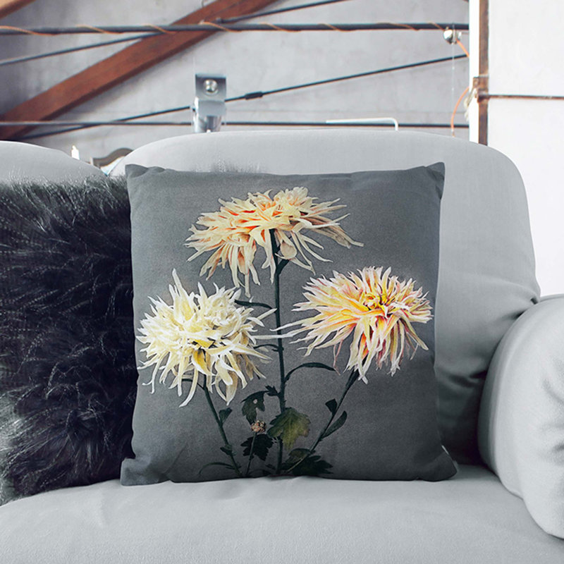 Three Chrysanthemums by Ogawa Kazumasa Cushion with Filling, 40cm H x 40cm W x 15cm D, White