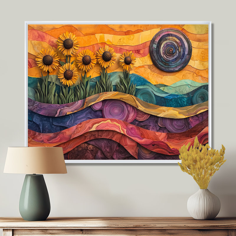 Donnabel Sunflowers Garden At Desert On Slide - Art mural toile de tournesols, H 30 po x l 40 po, Blanc