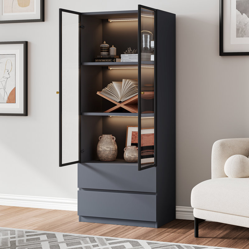 Gray Glass Display Cabinet with Storage for Collectibles, Wood 3-Tier Display Case with Glass Doors and 2 Drawers , Modern Hutch Curio Cabinet for Living Room and Kitchen