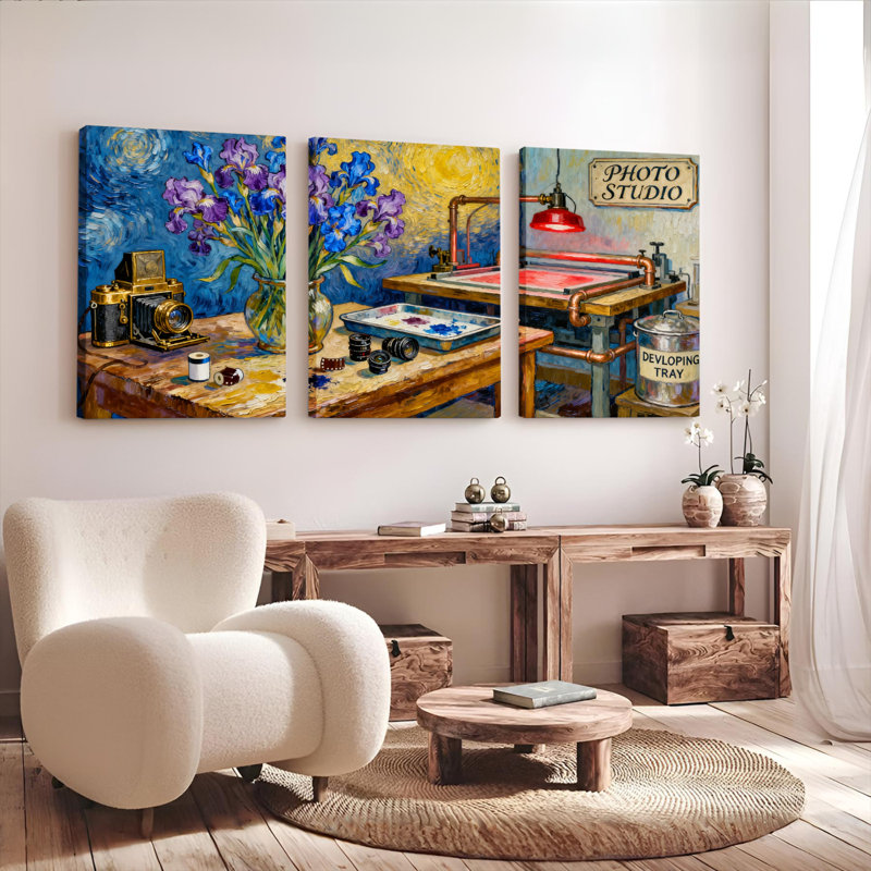 Ensemble de 3 toiles murales inspirées de Van Gogh, représentant un iris et un studio photo vintage., H 30 po x l 60 po