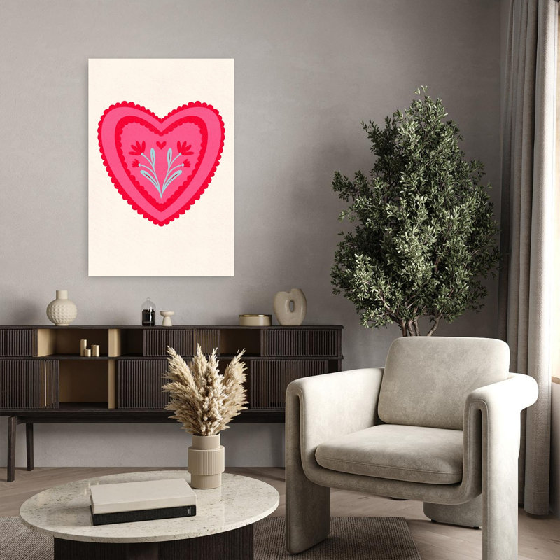 Pink Floral Heart Delicate Romantic Contemporary Flower Wall Art Print by Angela Minca - Wrapped Canvas Print