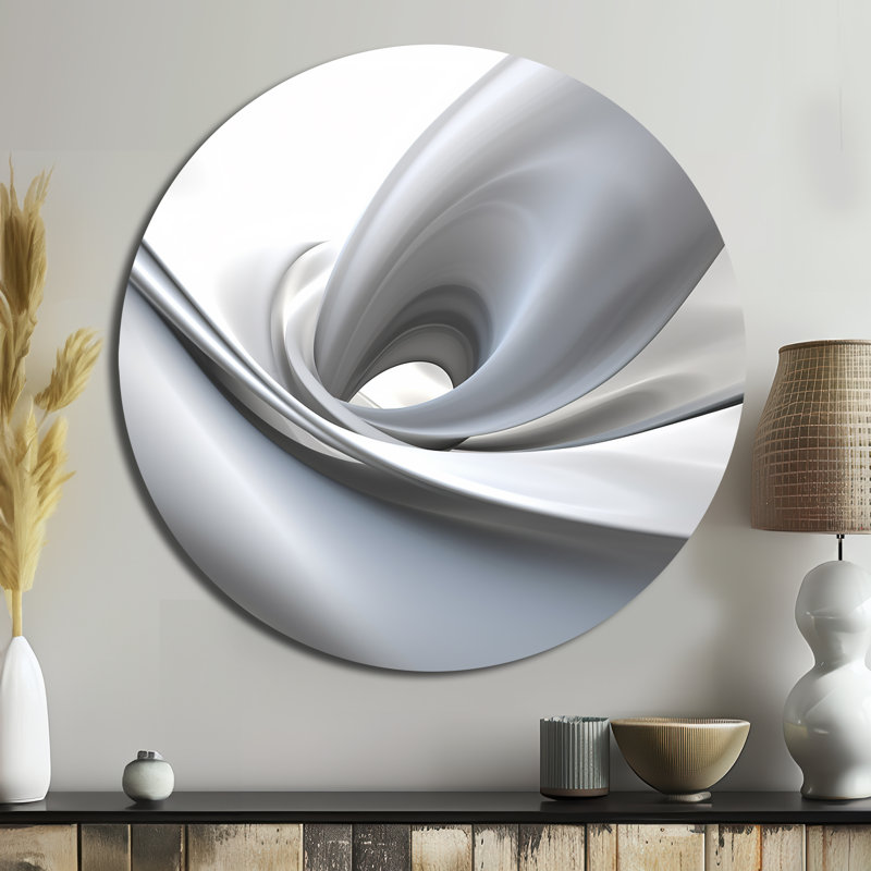 Abstrait contemplatif blanc gris - Décoration murale abstraite ronde en métal, H 16 po x l 16 po