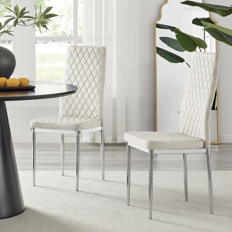 Keensburg Luxury Velvet Modern Tall Back Dining Chairs with Metal Legs & Diamond Stitching, Silver, Cream