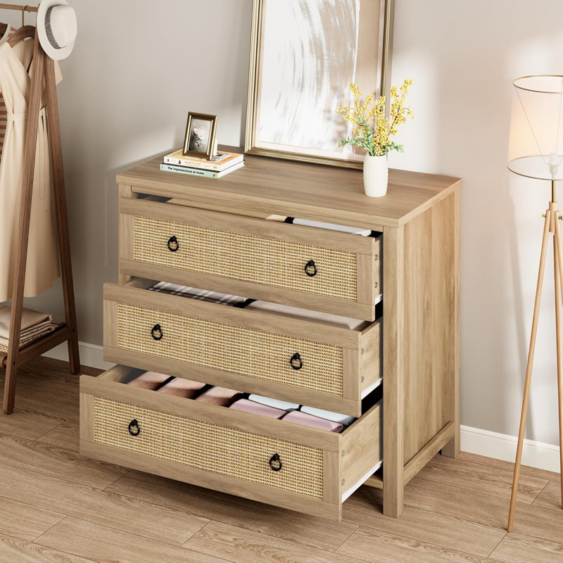 Commode 3 pièces en rotin pour chambre à coucher, commode haute 29 po, commode haute Boho avec rangement, commode en bois pour commode pour chambre à coucher