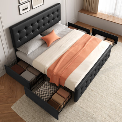 Upholstered Platform Bed Frame with Adjustable Headboard and 4 Storage Drawers, Full Size