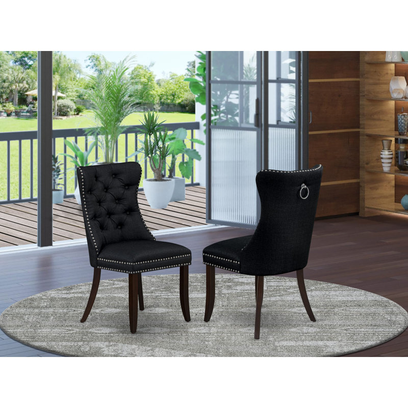Denison Parson Chairs - Button Tufted Nailhead Black Polyester Fabric Padded Dining Chairs, Set of 2, Mahogany, Black