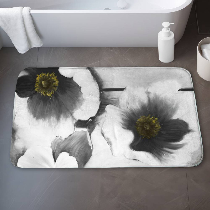 Black and white flowers Bath Mat with Non-Slip Backing - Quick Dry Memory Foam Bathroom Rug - Absorbent - Modern Plush Spa-Style - Machine Washable