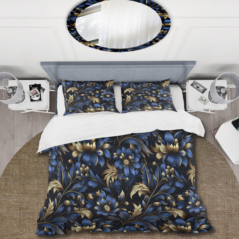Literie Gold And Blue Luxury Damask Serenade II, Housse de couette simple + 1 taie décorative stan