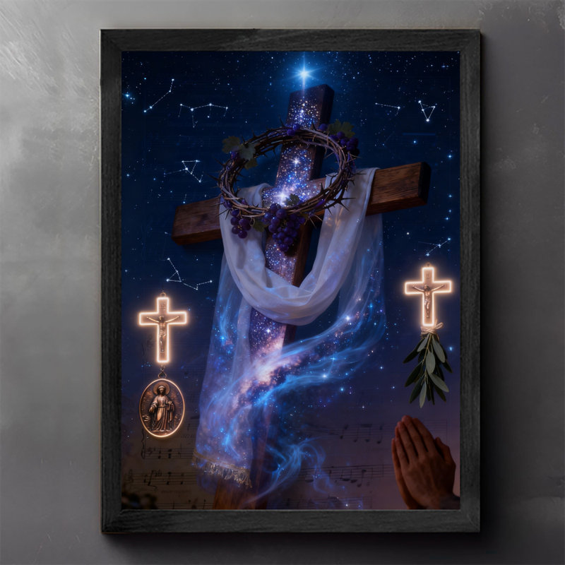 «Black Prayed Vintage Prayer with a Cross Atmosphere», reproduction d'art encadrée de style rétro, H 11 po x l 9 po