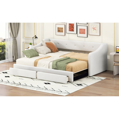 Beige Expandable Upholstered Twin Xl To King Daybed With Pull - Out Drawers, Ergonomic Support For Back And Arm, Soft Fabric Buttoned Drawer Surfaces, Comfortable
