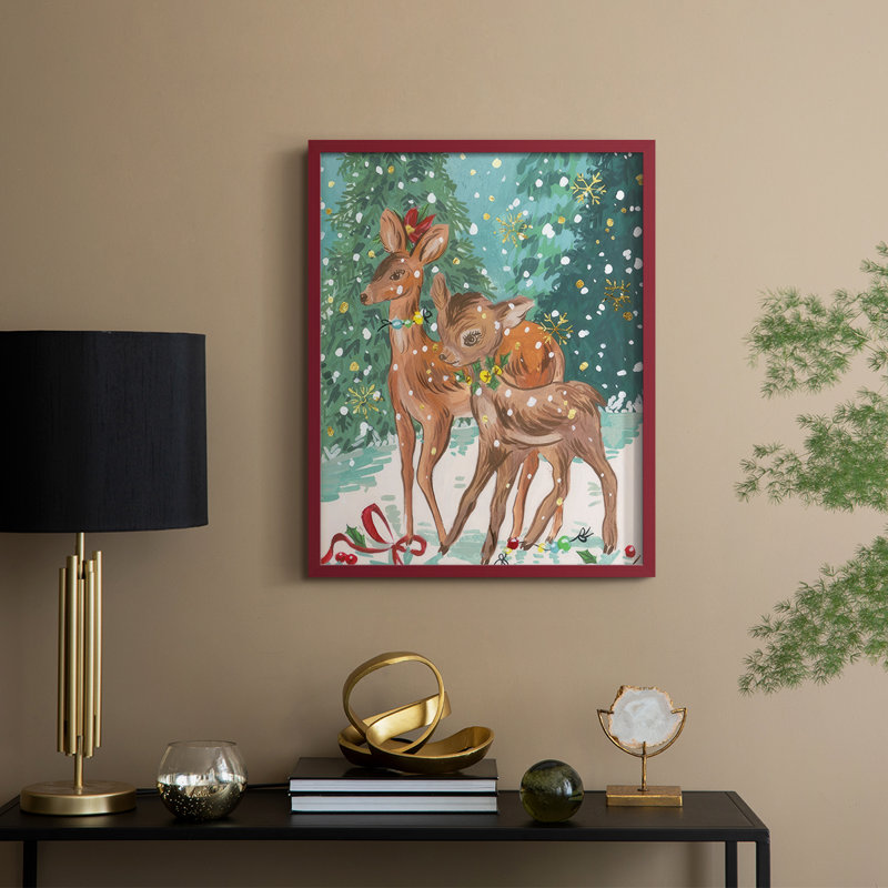 «Doe and Fawn I», reproduction encadrée - bois massif, H 21 po x l 17 po, Rouge