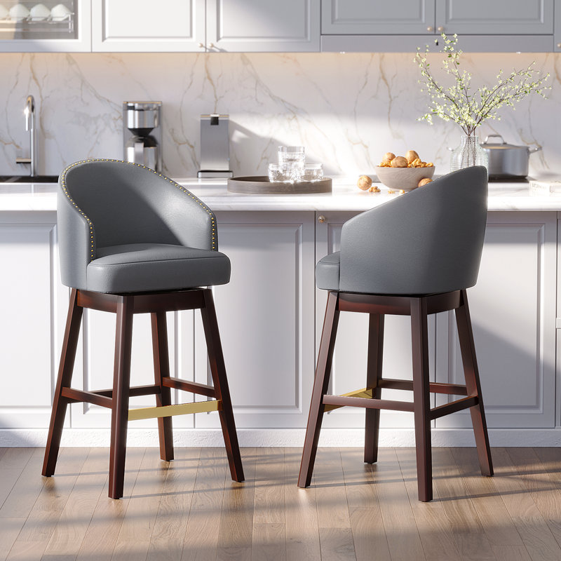 Tabouret de bar pivotant en similicuir de 30 po avec pieds en bois massif, bleu gris, Bleu gris