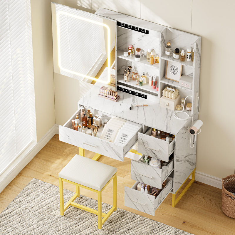 4 Drawer Vanity Dresser Set with Sliding LED Mirror, 3 Color Lighting, Built-in Charging Station, Open Shelf and PU Stool, Modern Makeup Dresser for Bedroom