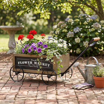 Wooden Wagon Planter With Black Metal Wheels & Handle, 16.5"×9.5"×8" Farmhouse Tabletop Flower Box
