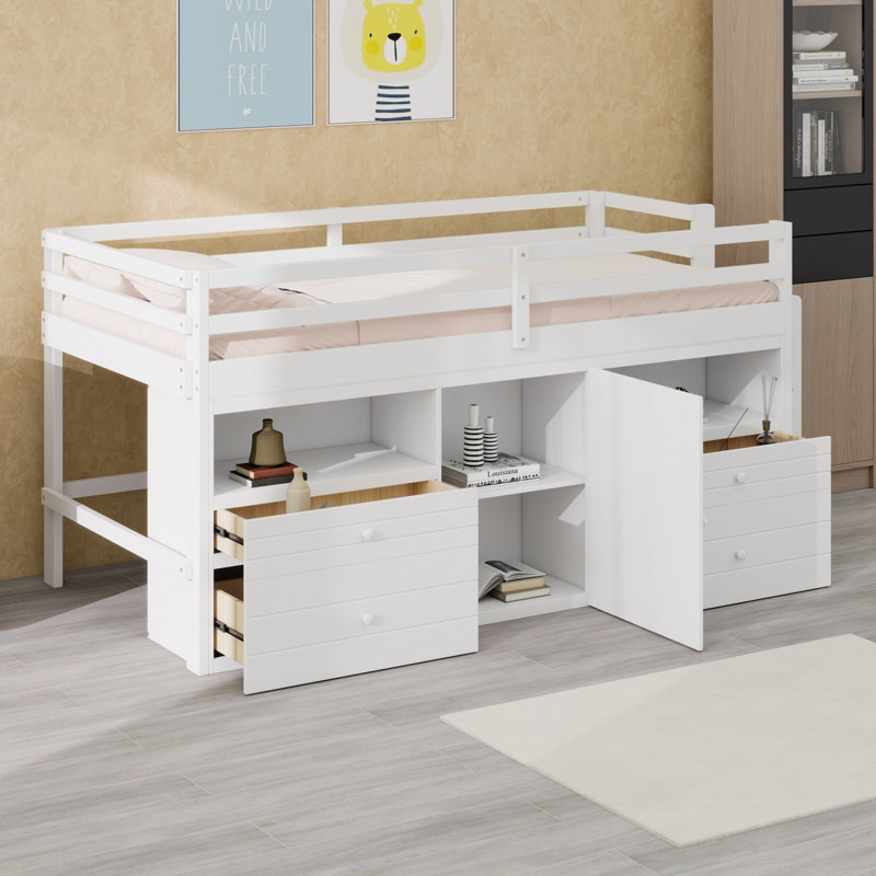 Lit mezzanine avec 4 tiroirs, sous l'armoire et les tablettes, Blanc