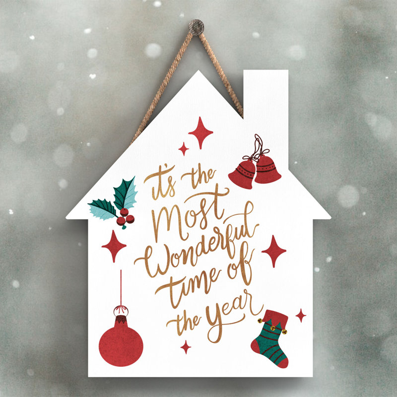 Xmas the Most Wonderful Time Wooden House Plaque, 18.5cm H x 16cm W x 0.9cm D