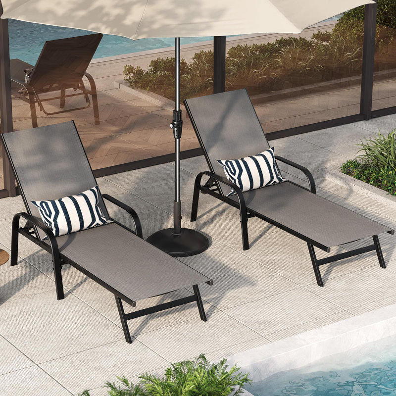 2-Piece Outdoor Lounge Chair, Adjustable 5-Position Patio Reclining Chaise, Textilene Fabric Pool Lounge Chair for Garden, Poolside & Balcony