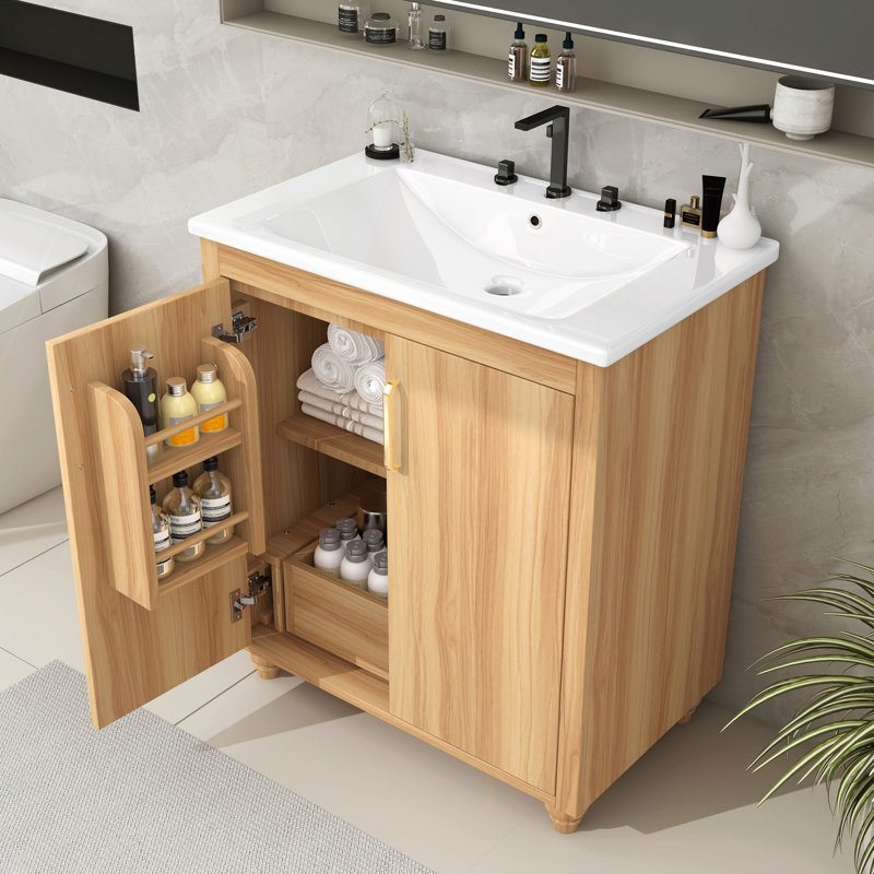 Ensemble de meuble-lavabo avec lavabo, armoire de salle de bain multifonctionnelle avec portes et tiroir, panneau de fibres à densité moyenne, naturel