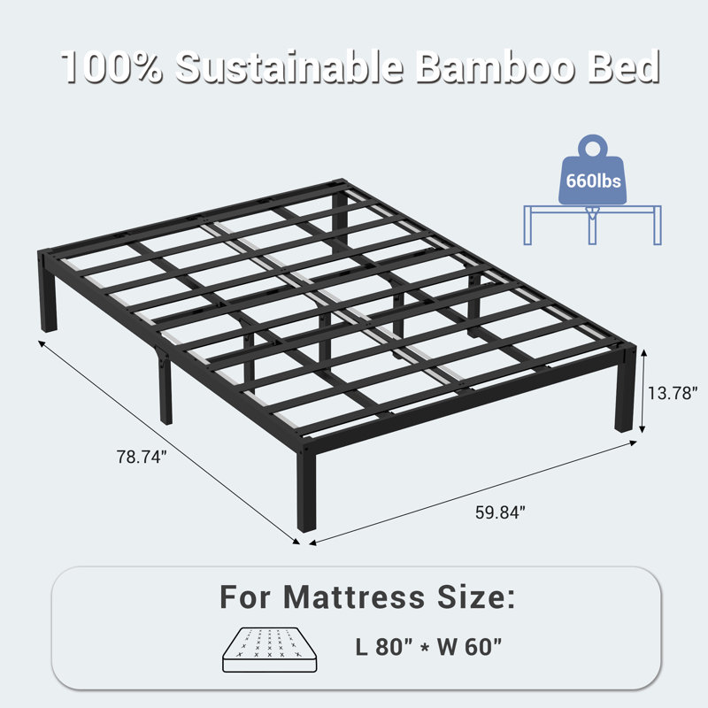 Lit plateforme avec base en bambou et lattes, Noir, Grand lit