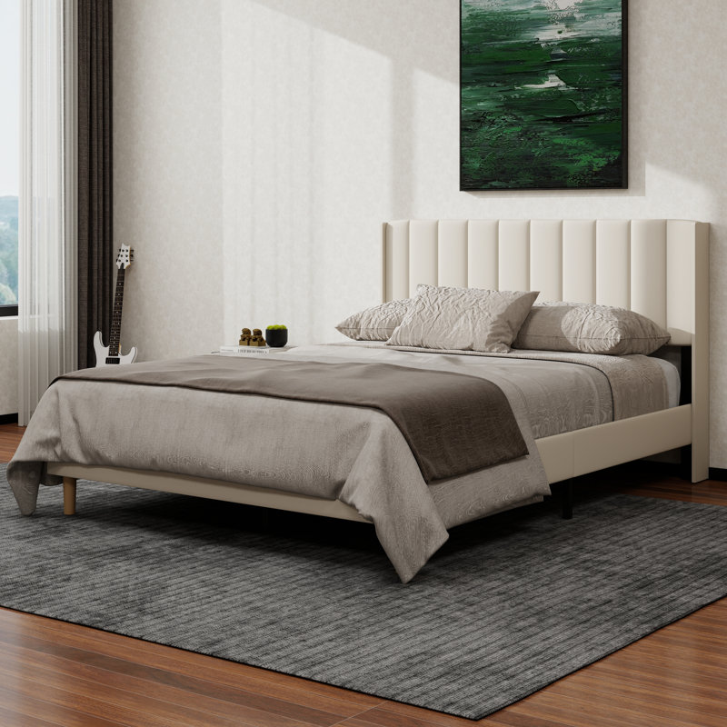 Structure de lit plateforme tapissier avec oreilles, Beige, Grand lit