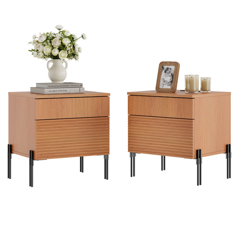 Laverda 2-Piece Modern Minimalist Nightstands Set - Reed Pattern Design, Built-In Usb Ports For Bedroom Furniture, Mocha