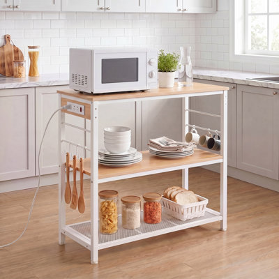 Îlot de cuisine l 31,5 po avec multiprise, support pour four à micro-ondes, tablette de cuisine, étagère de boulanger avec 3 tablettes ouvertes