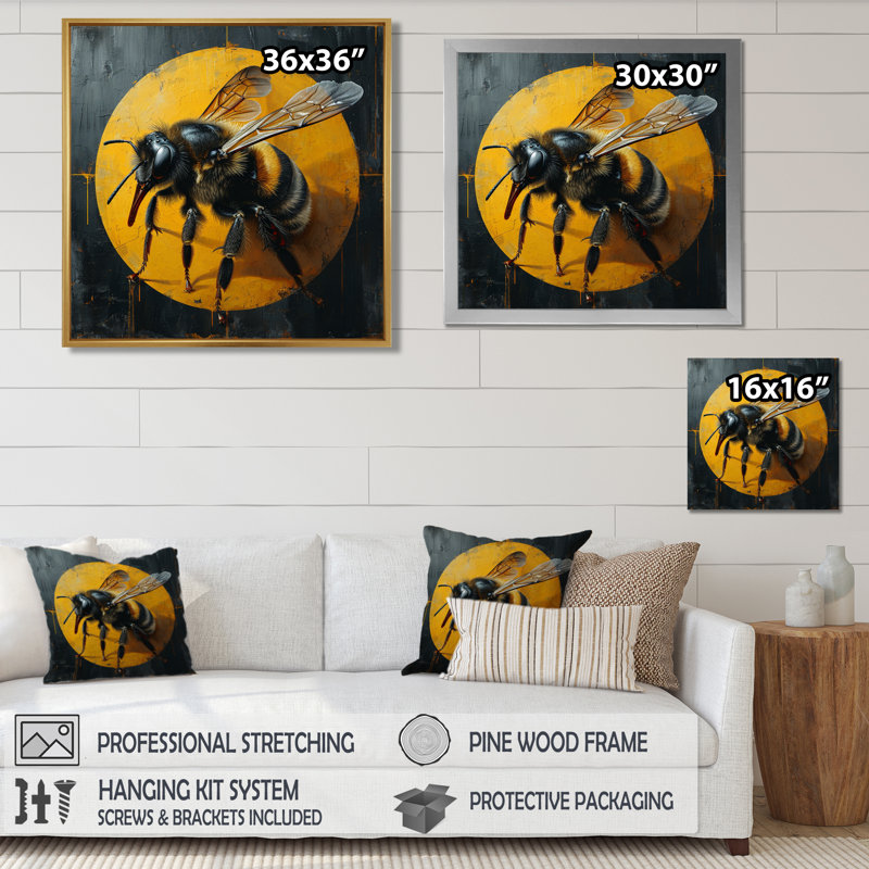 Miel, abeille sur fond jaune - abeille, salon d'art mural, Toile tendue, H 16 po x l 16 po x P 1 po
