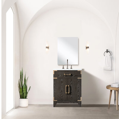 24 In. W X 18 D Bath Vanity In Brown Oak, With Acrylic Top, Mirror, Faucet Oak Single Vanity, Countertop,