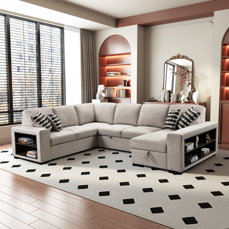 Canapé modulaire en U à 7 places de 125 po avec armoire et canapé-lit Hokku Designs, Polyester beige