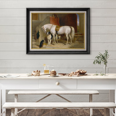 White Horse and Dogs Artwork, Rustic Entryway Pictures, Framed Canvas Giclee Print Wall Art.