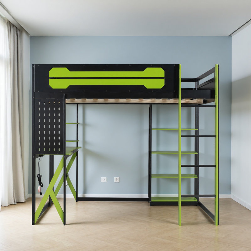 Full Size Wood Loft Bed With Desk, Shelves, Power Outlet & USB/Type-C Ports, , And RGB Light, Green