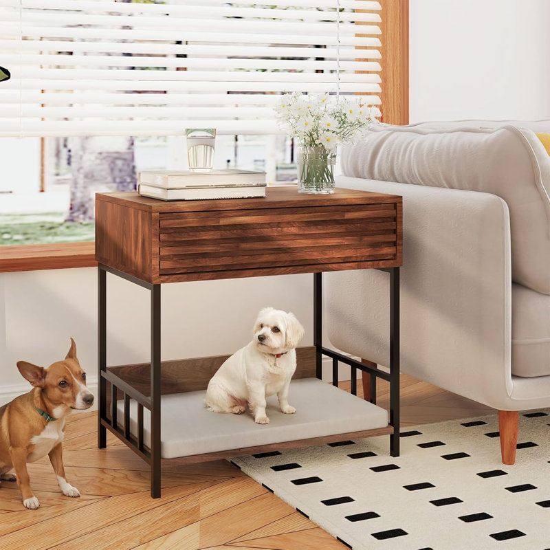Cat End Table With Storage, Side Table With Dog Bed Underneath, Dog Crate Furniture Open Design With Metal Legs Chew-Proof, Bedside Tables With Pet Bed For Living Room,Bedroom